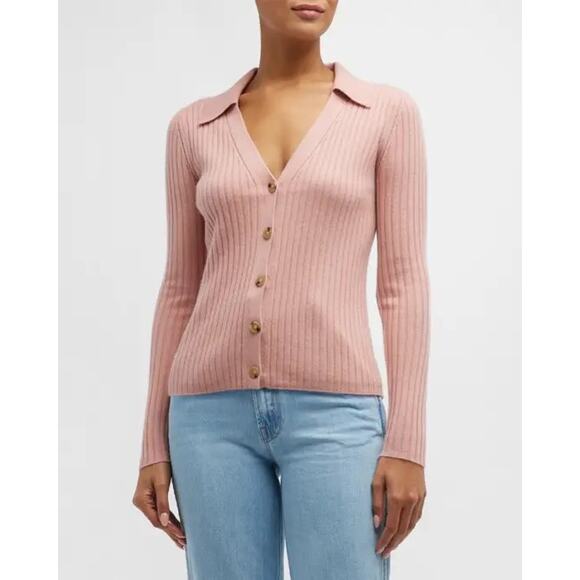 Veronica Beard Lazana Pink Polo Collared Ribbed Cashmere Cardigan Sweater Large - Picture 1 of 5